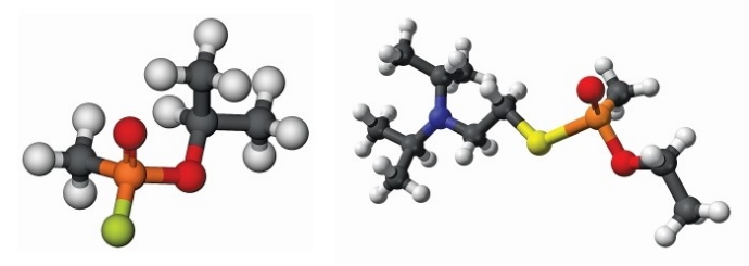 Ball and stick structure of sarin. Ball and stick structure of sarin.